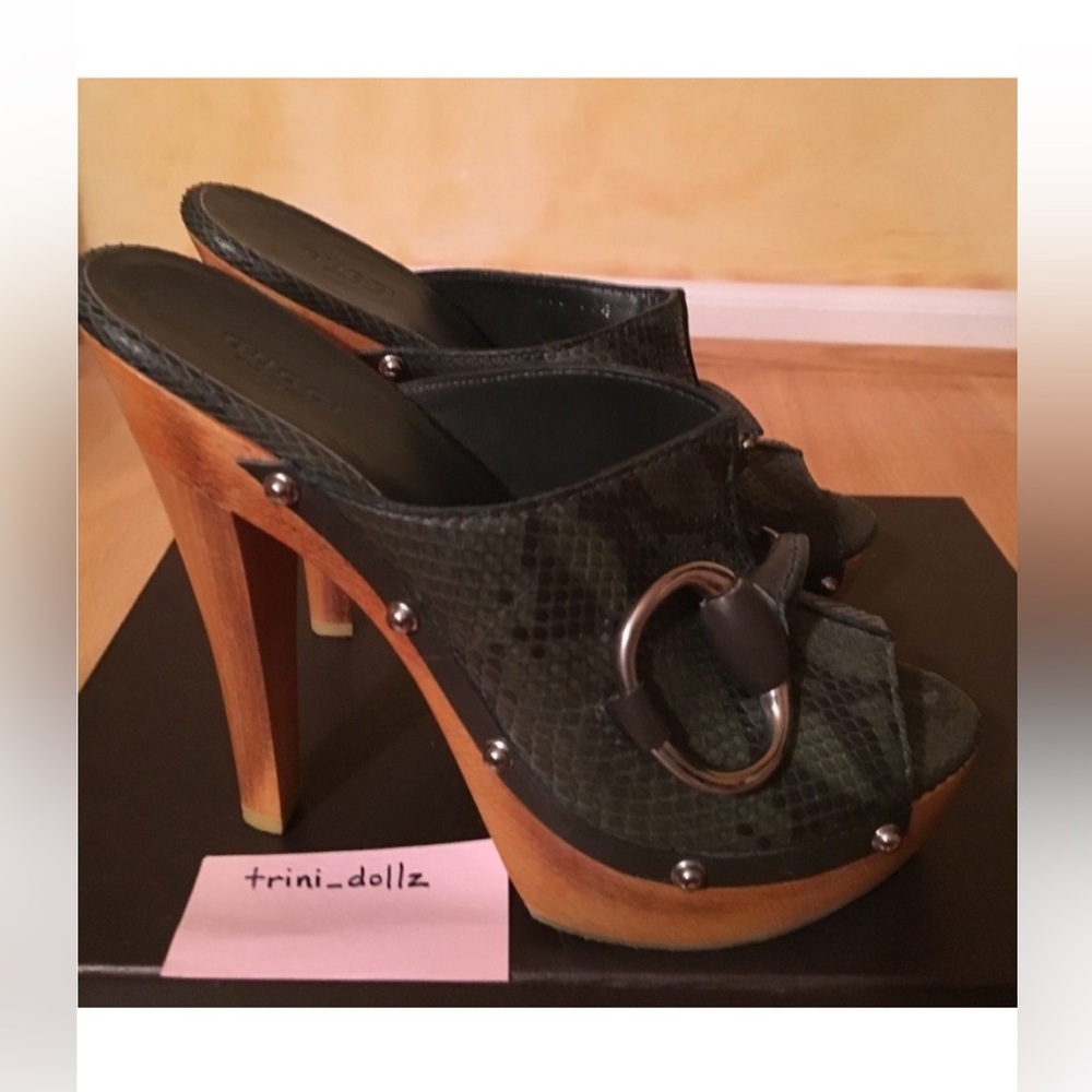 GUCCI NWT Olive Green Python Platform Wood Clogs Very Rare 💕NEW IN BOX